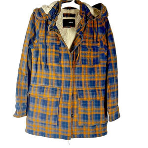 Hurley Womens Shirt Jacket Hood Large Yellow and Blue Plaid Fleece Lined Shacket
